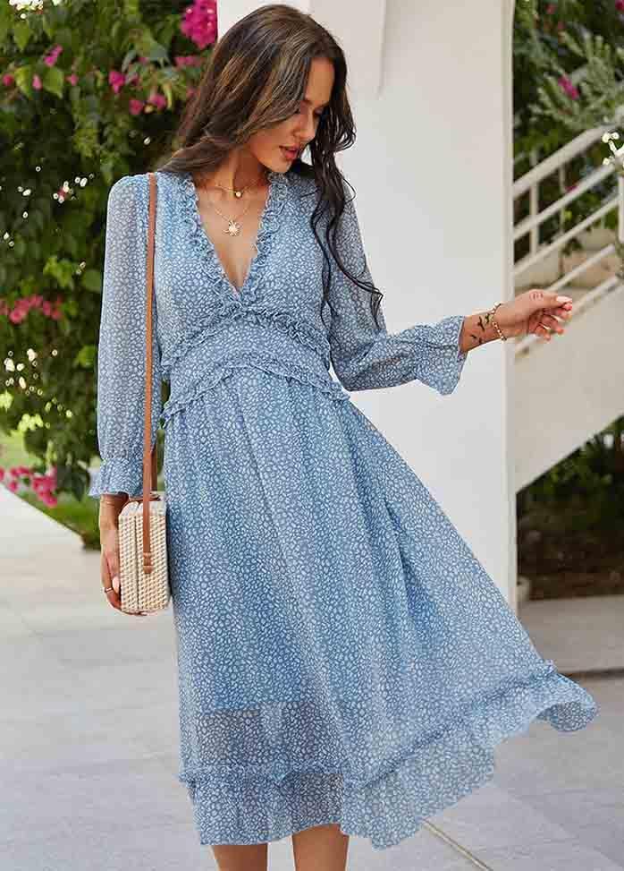 Printed Long Sleeve V Neck Dress