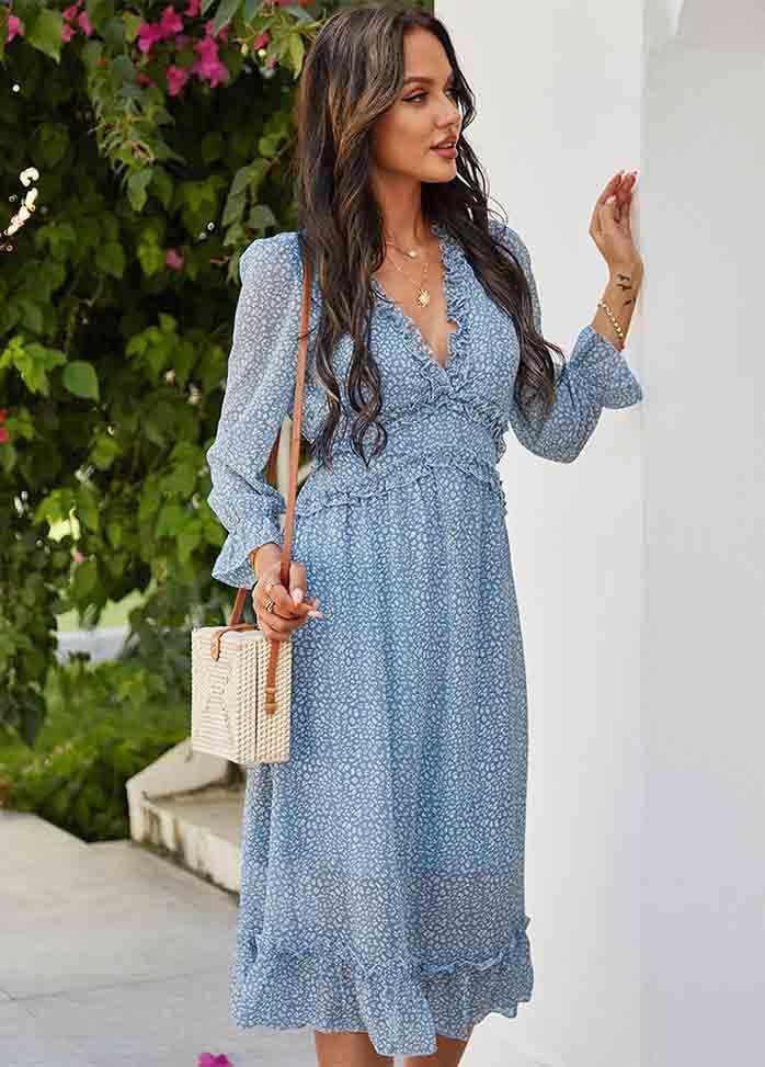 Printed Long Sleeve V Neck Dress