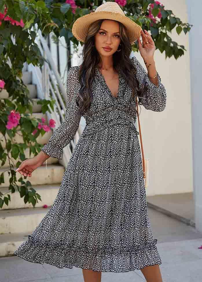 Printed Long Sleeve V Neck Dress