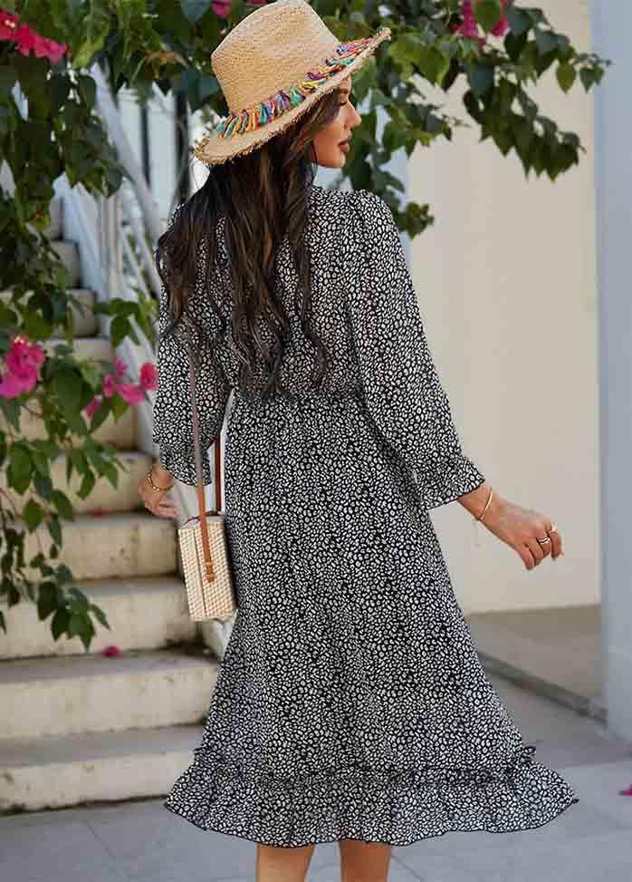 Printed Long Sleeve V Neck Dress