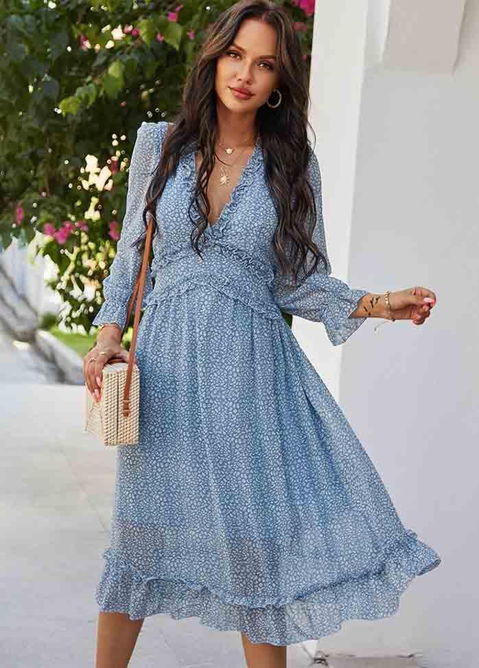 Printed Long Sleeve V Neck Dress