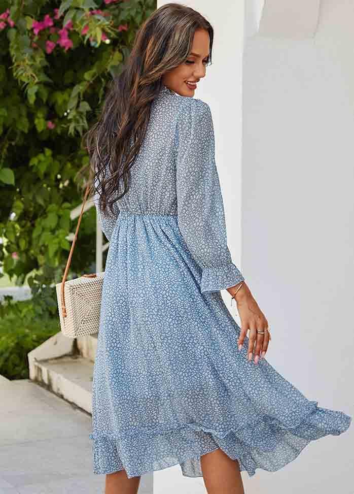 Printed Long Sleeve V Neck Dress