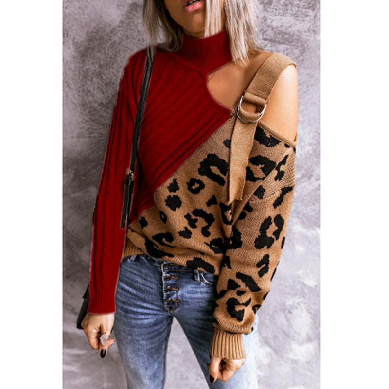 Leopard One Sided Cold Shoulder Halter Blouse