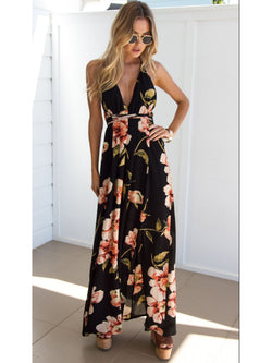 Deep V Neck Backless Spaghetti Strap Floral Casual Maxi Dress