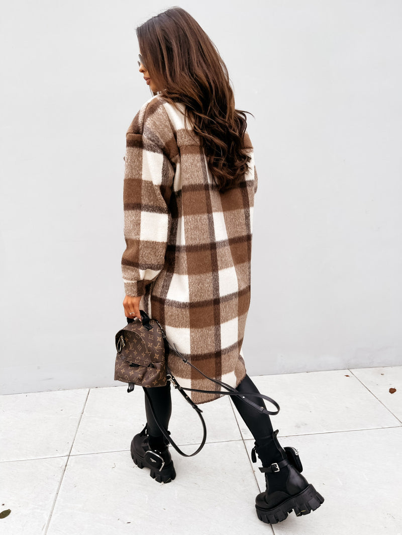 Lapel Button Up Plaid Long Sleeve Jacket Shirt