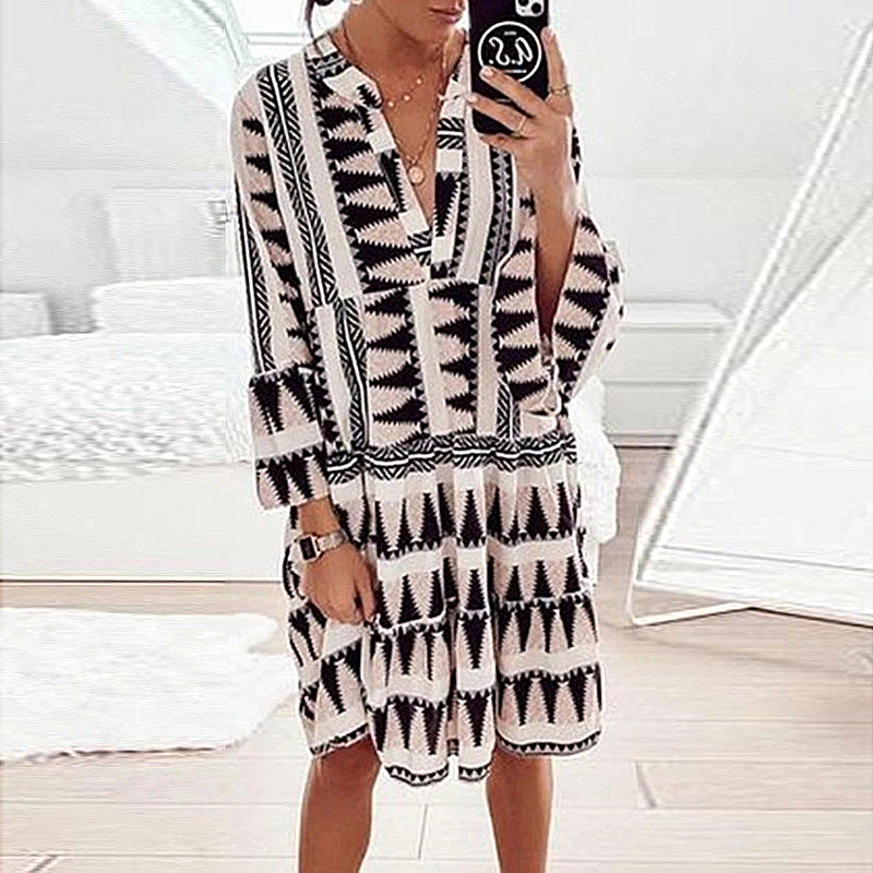 Glamorous V-Neck Long Sleeve Printed Mini Dress-