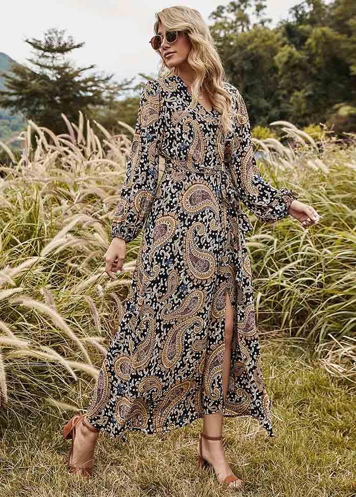 Side Slit Printed Long Sleeve Maxi Dress