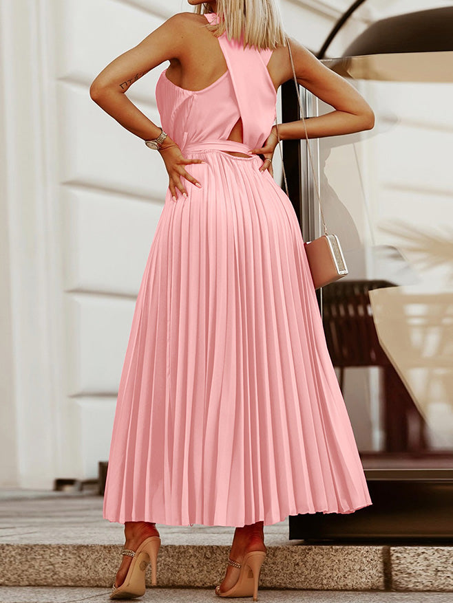 Women's Dresses Halter Cutout Tie Backless Pleated Dress