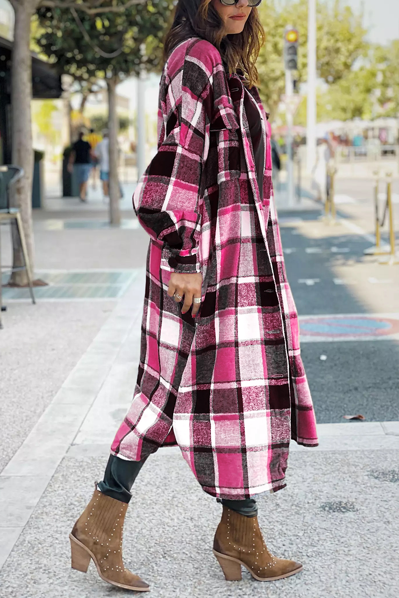 Lapel Plaid Print Woolen Long Coat