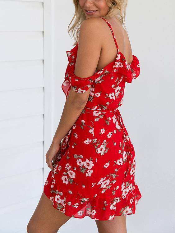 Red Floral Print V Neck Ruffle Cold Shoulder Mini Dress - Landing Closet