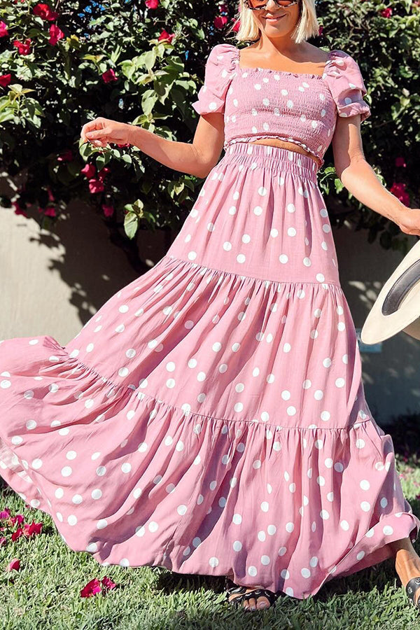 Dot Puff Sleeve Crop Maxi Skirts Set