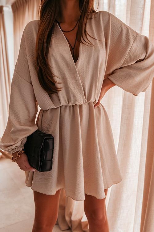 Wrapped Deep V Neck Lantern Sleeve Mini Dress