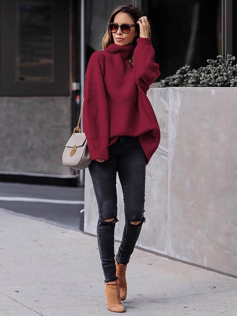 Rolled Neckline Ribbed Cuff Knitted Sweater