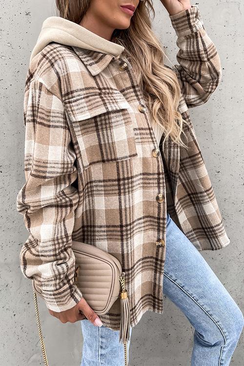 Button Up Pockets Plaid Hoodied Coat