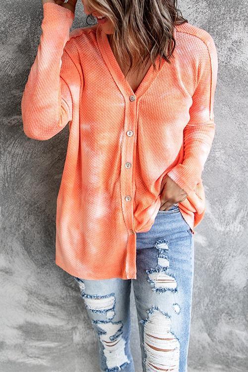 V Neck Button Down Tie Dye Knit Top