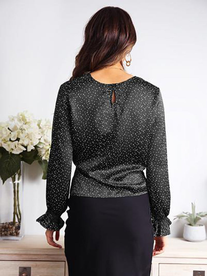 Flare Sleeve Crew Neck Self-tie Polka Dot Top - Landing Closet