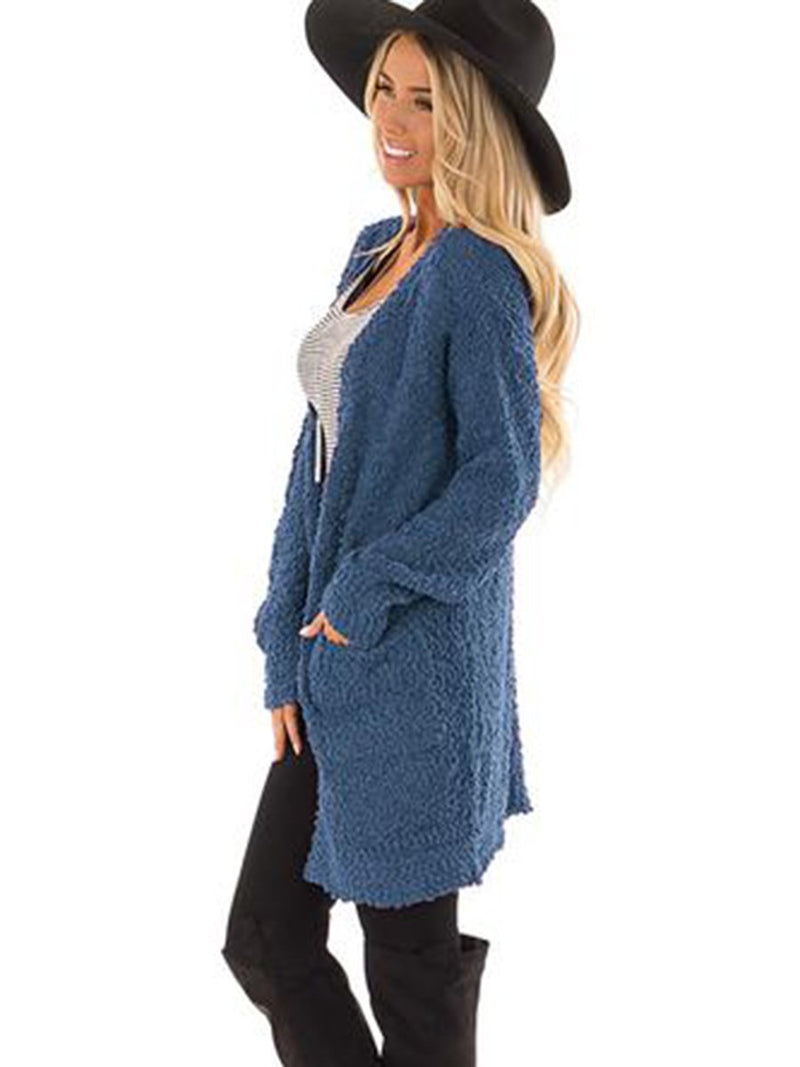 Open Front Large Pockets Long Sleeves Cardigan