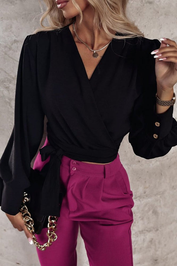 Surplice Puff Sleeve Wrap Blouse