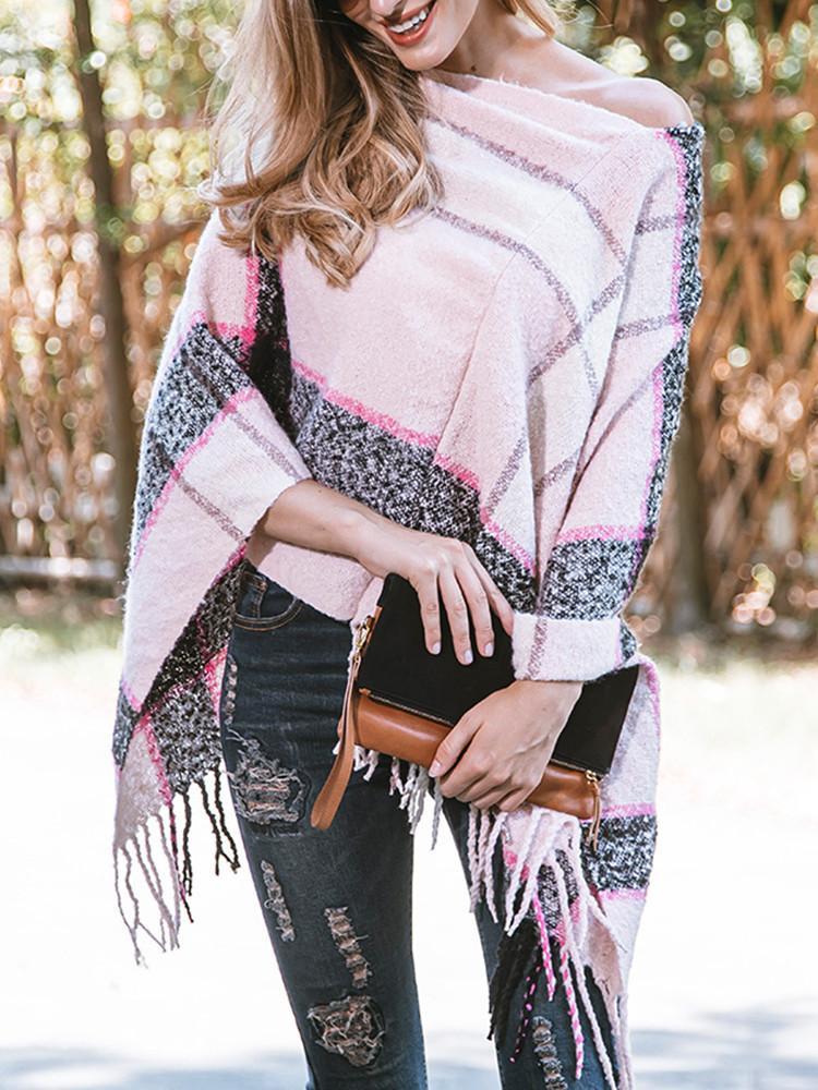 Fringe Hem Shawl Plaid Coat