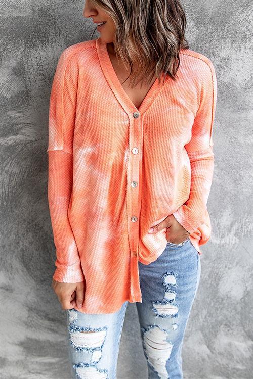 V Neck Button Down Tie Dye Knit Top