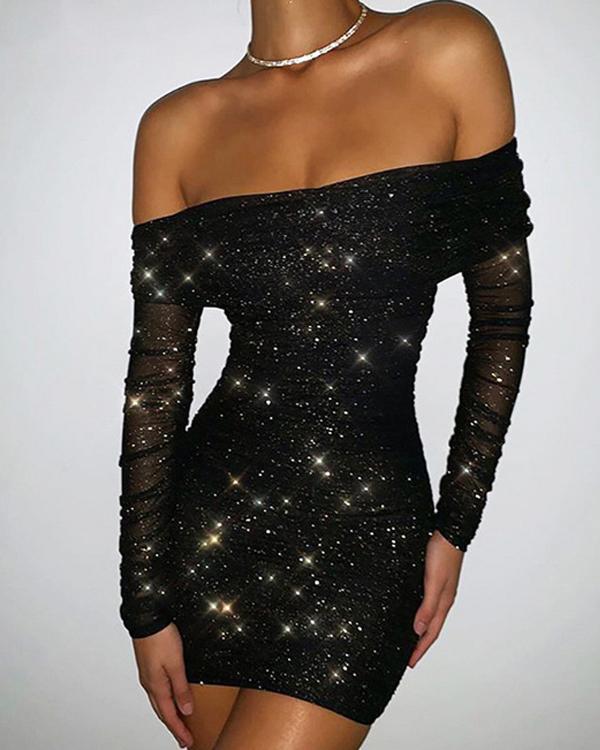 Off Shoulder Glittering Wrap Mini Dress