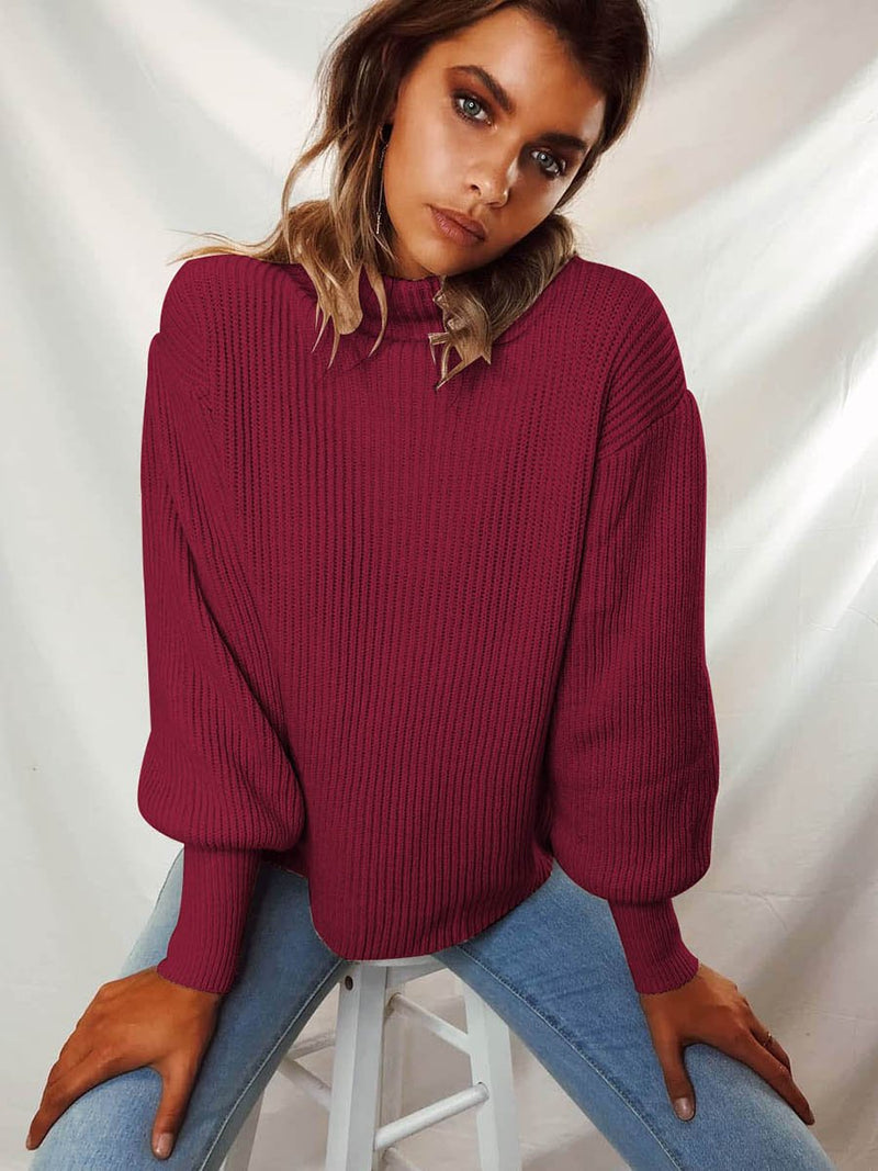 Rolled Neckline Ribbed Cuff Knitted Sweater