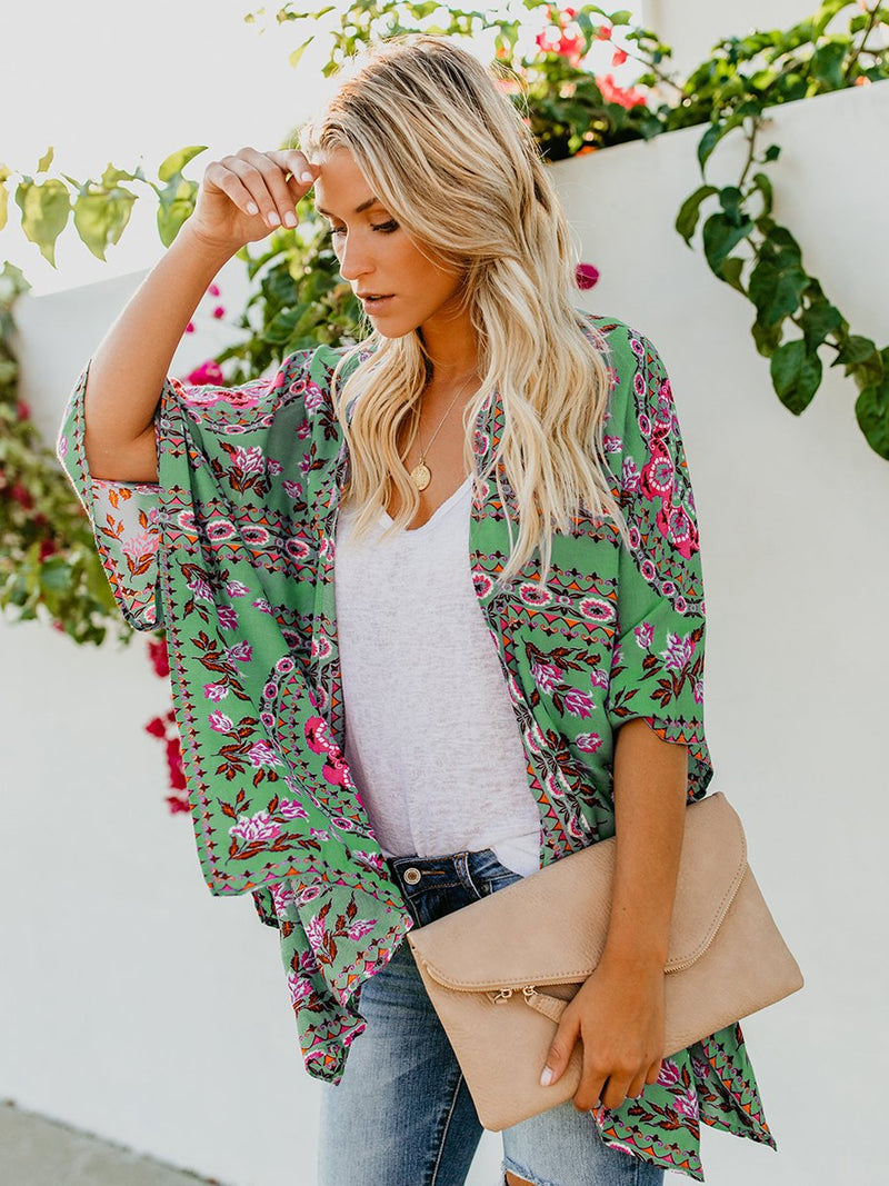 Floral Print Front Open Short Sleeve Cardigan - Landing Closet