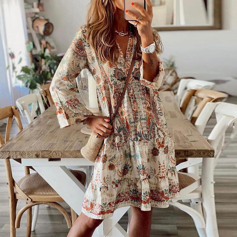 Retro Print V-Neck Long Sleeve Mini Dress