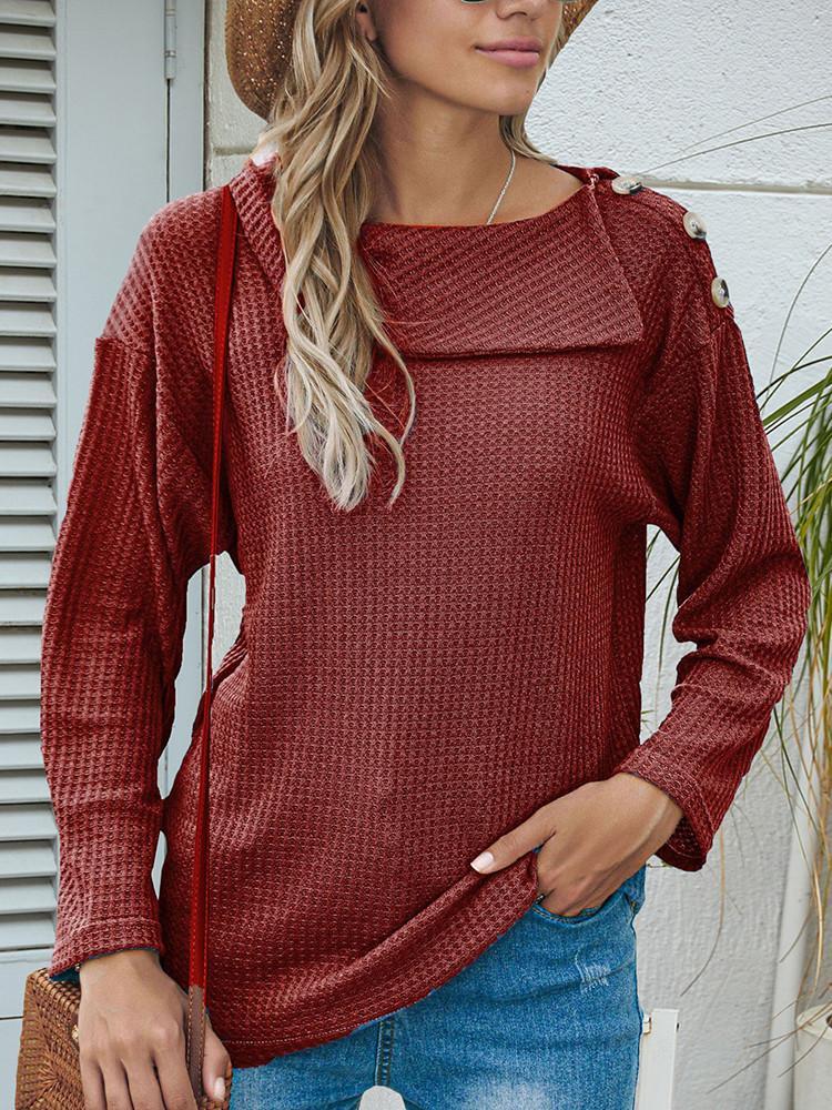 Lapel Shoulder Button Solid Long-sleeve T-shirt