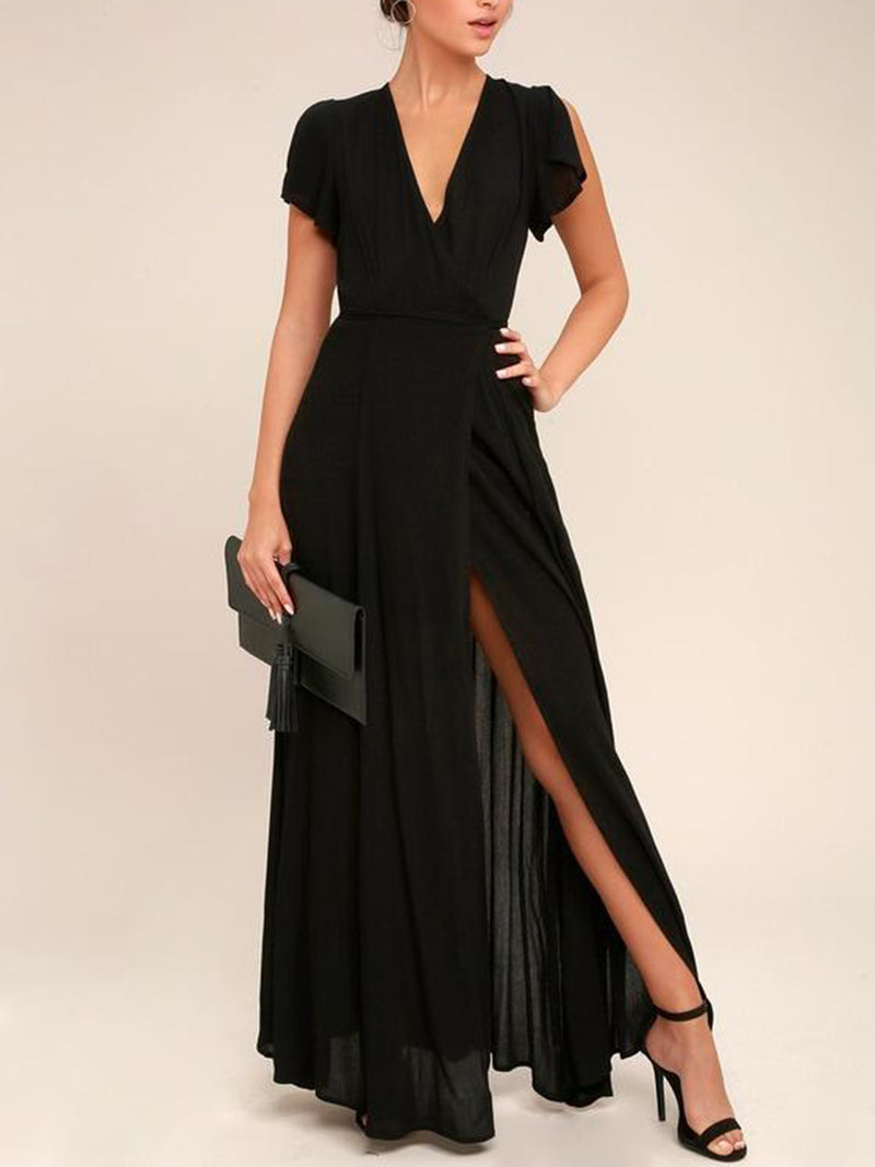 Navy Short Sleeve Sexy Summer V-Neck Maxi Dress