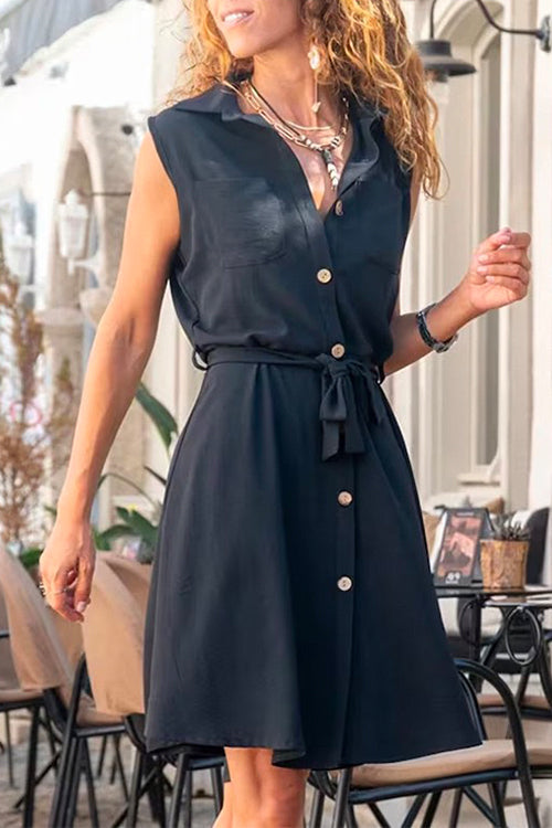 Solid Tie Waist Sleeveless A-line Shirt Dress