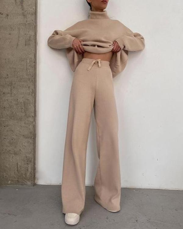 Turtleneck Sweater Wide Leg Knitting Pants Set