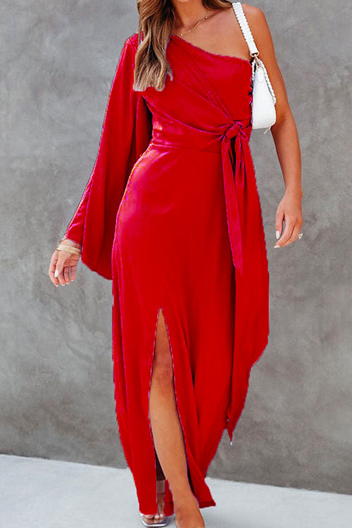 One Shoulder Flare Sleeve Knot Waist Maxi Slit Dress