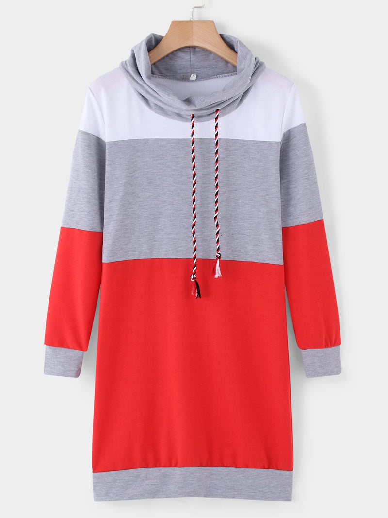 Grey Polo Neck With Drawstring Stitching Design Pullover Dress - Landing Closet