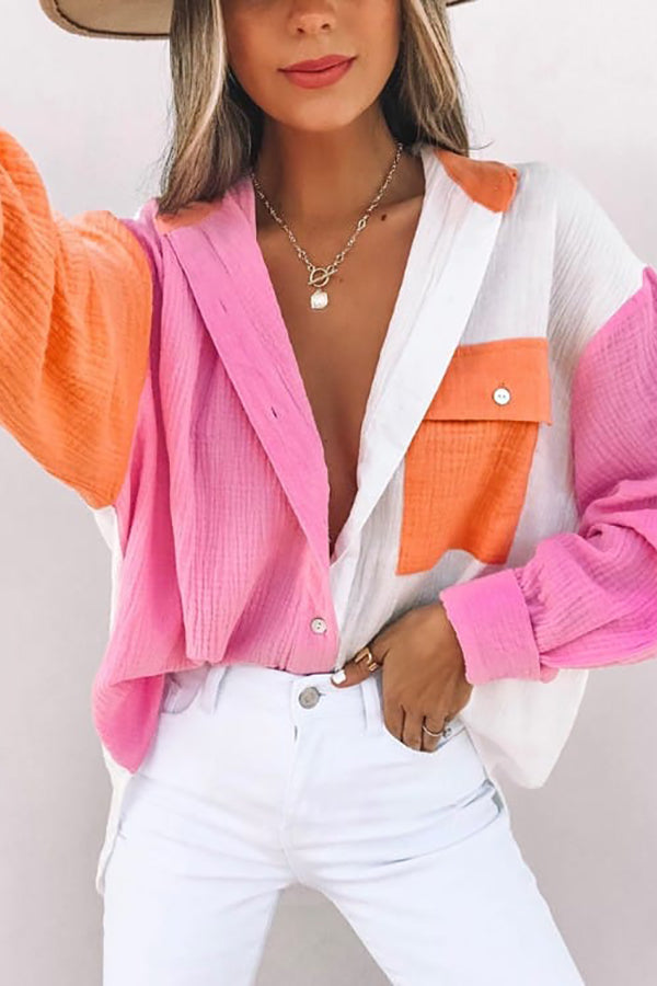 Color Block Textured Button Shirt with Pocket