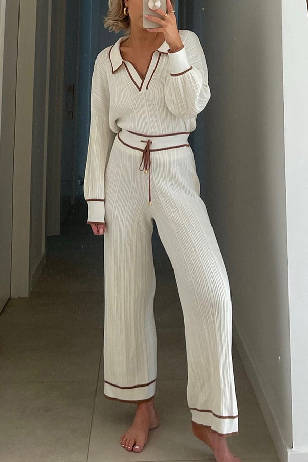 Polo Blouse Wide Leg Pants Set