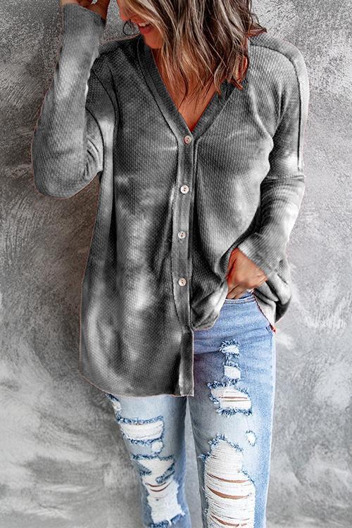 V Neck Button Down Tie Dye Knit Top