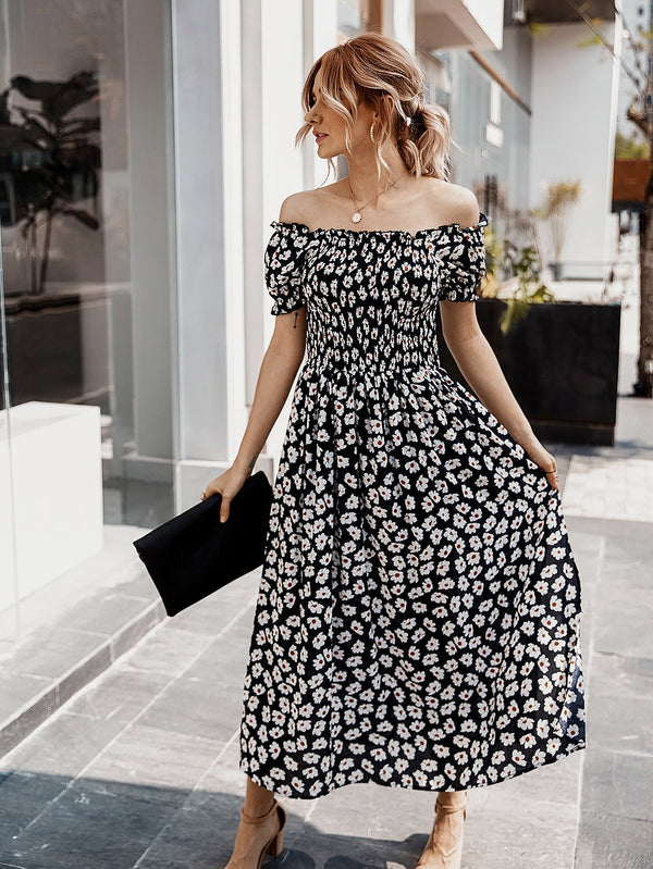 Floral Off Shoulder Split Swing Midi Dress