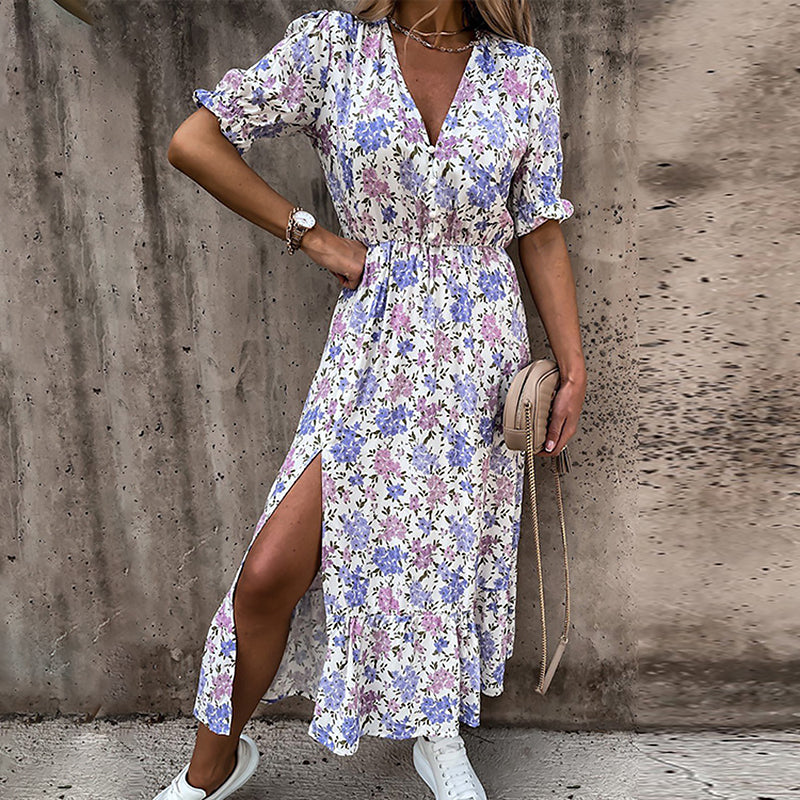 V Neck Side Split Short Sleeve Maxi Dress