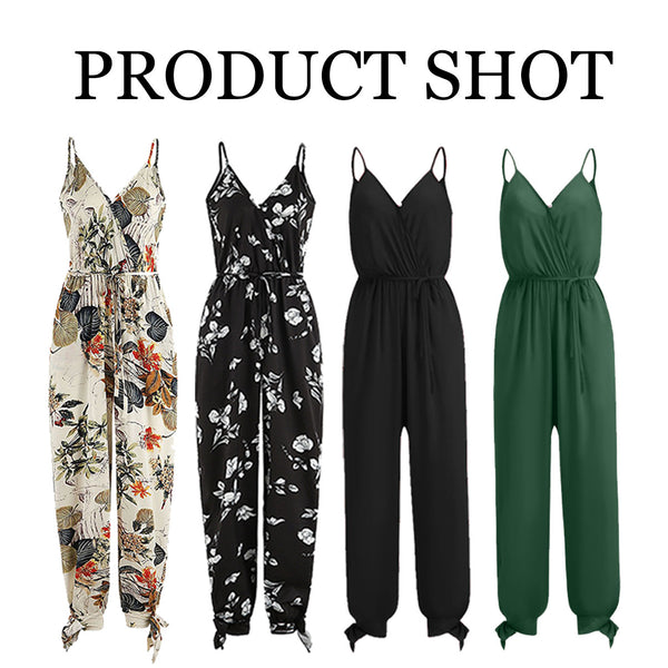 V Neck Split Long Floral Pocketed Romper Jumpsuits