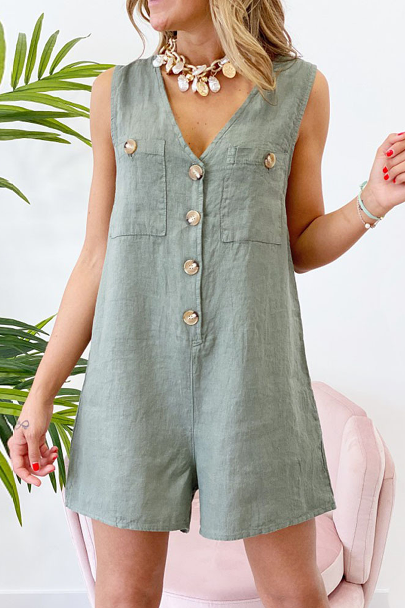 Button V Neck Pockets Romper