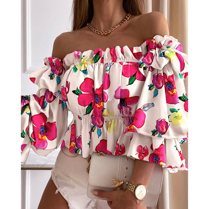 Off Shoulder 3/4 Sleeve Elastic Waist Floral Blouse Top