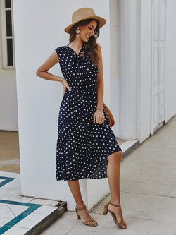 Polka Dot Tie Front V Neck Long Dress