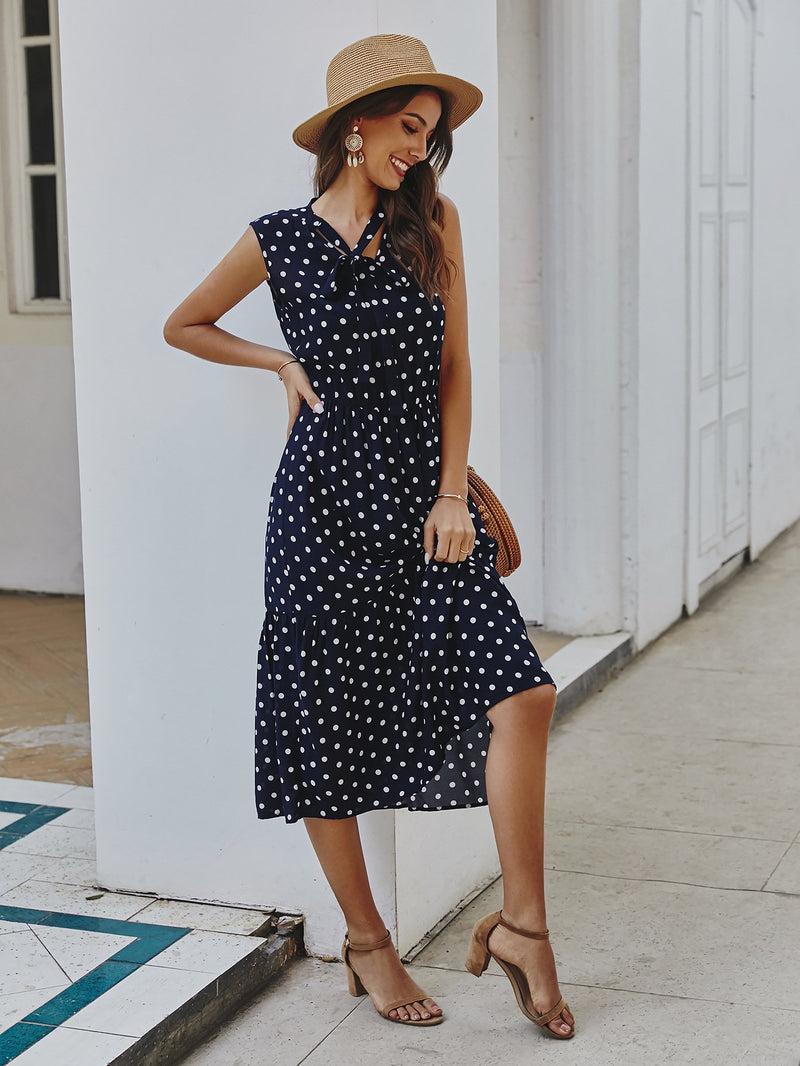 Polka Dot Tie Front V Neck Long Dress