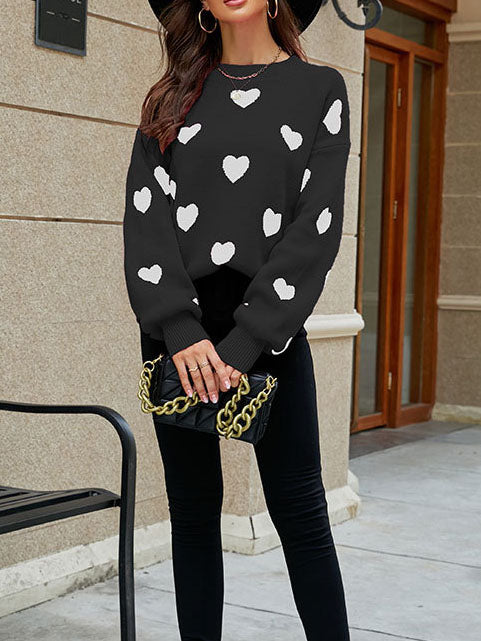 Heart Printed Long Sleeve Solid Color Sweatshirt