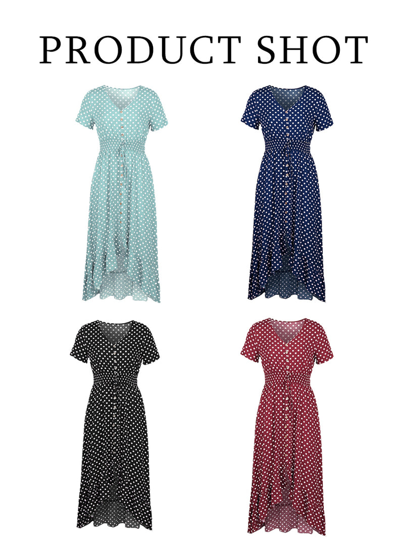 Button Down Polka Dot V Neck Short Sleeve High Low Maxi Dress