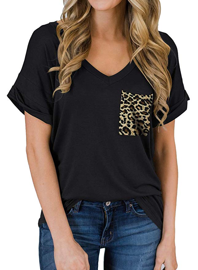 Short Sleeve V Neck Leopard Pocket T-Shirt