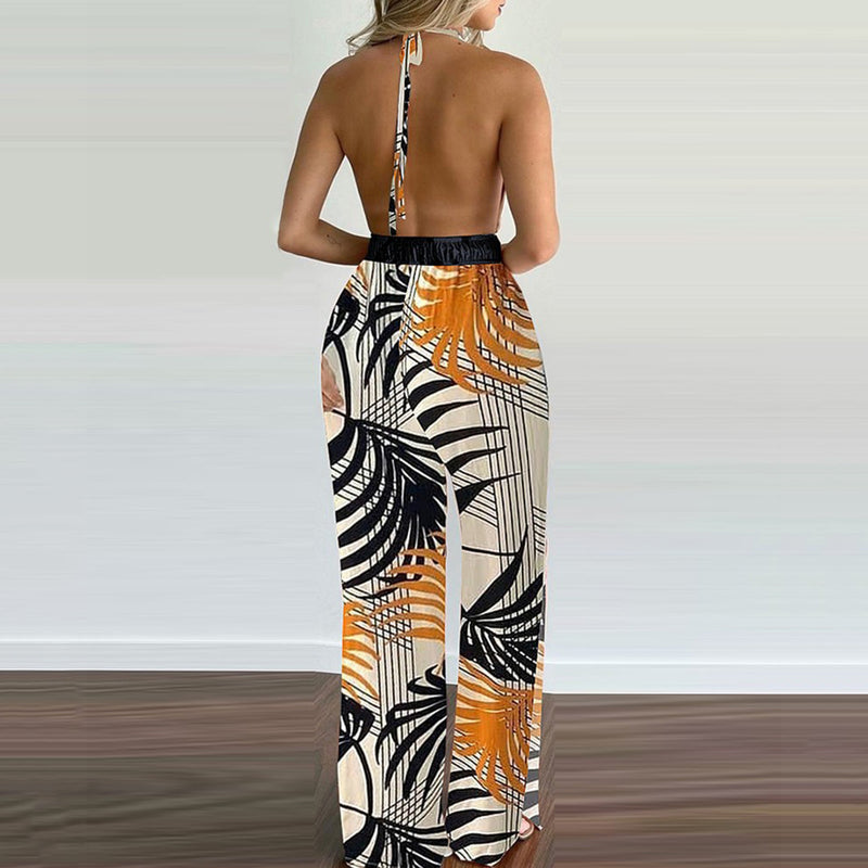 Double Spaghetti Strap Sleeveless Leaf Print Jumpsuit