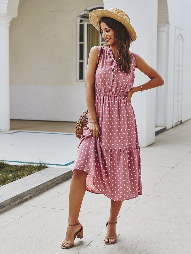 Polka Dot Tie Front V Neck Long Dress