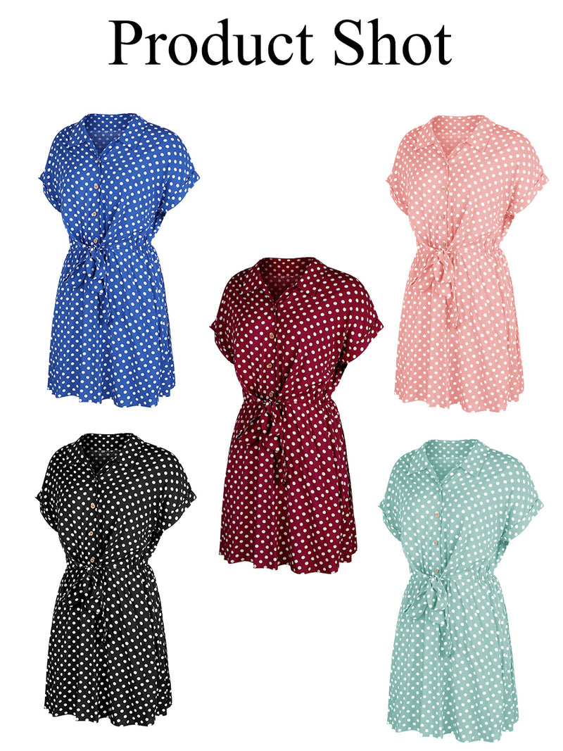 Polka Dot Tie Waist Collar Neck Mini Dress